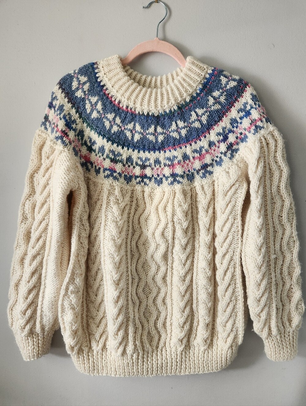 Handknit Fair Isle Nordic Yoke Chunky Cableknit Sweater